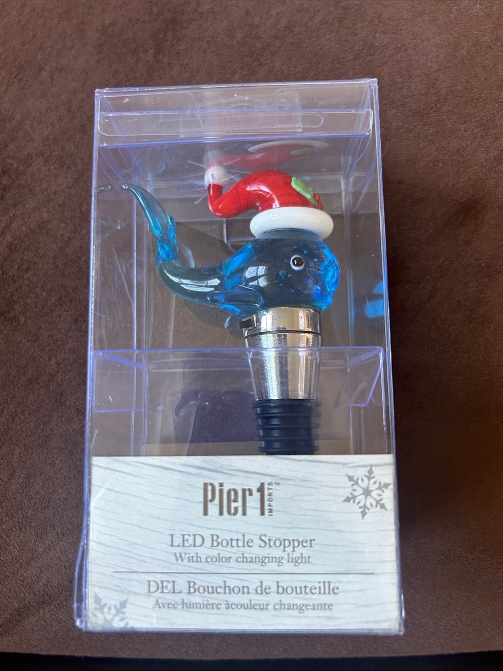 Pier 1 Blue Whale Bottle Stopper with Red Santa Hat